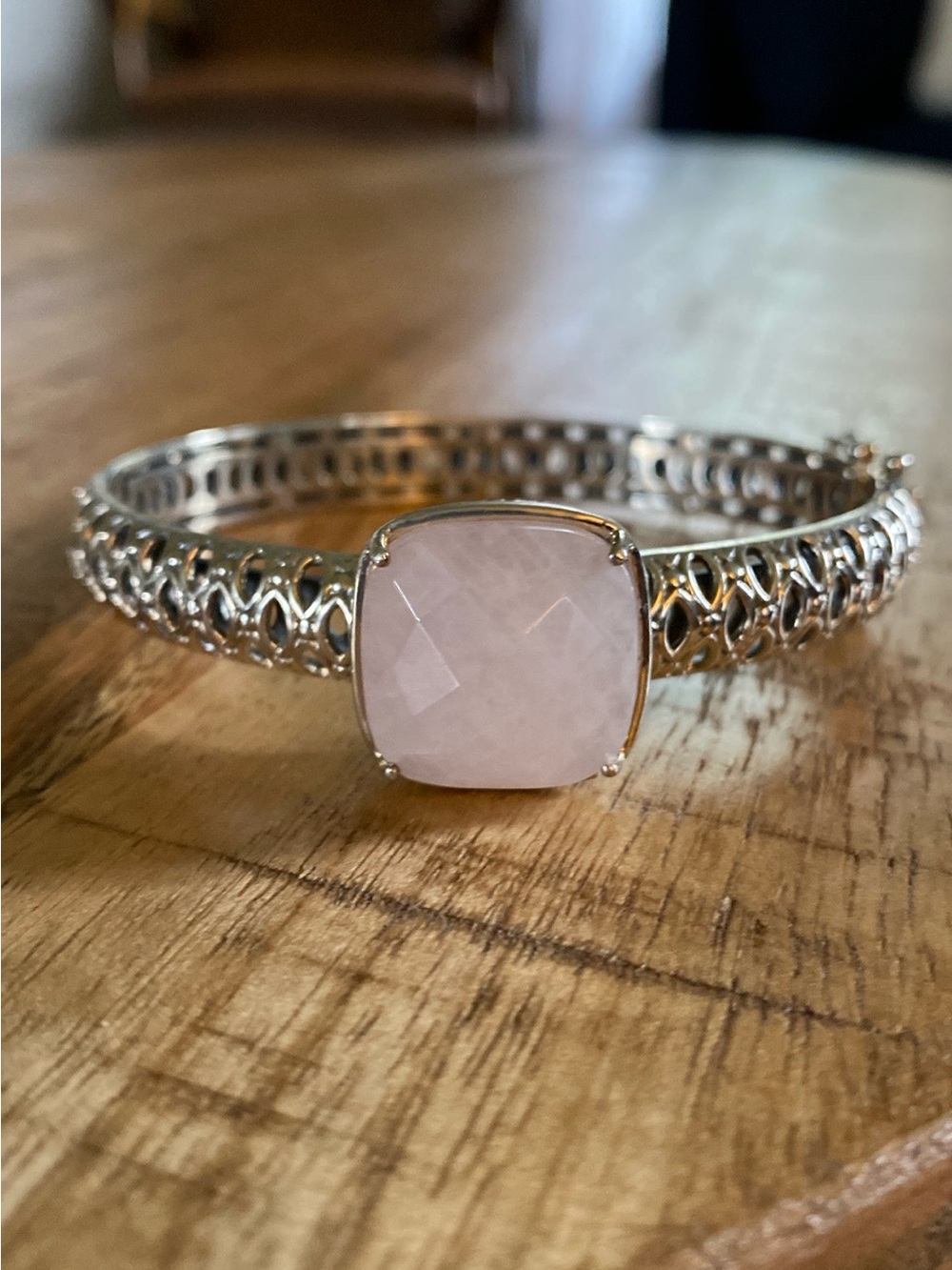 Vintage Clyde Duneier Sterling Silver & Rose Quartz Hinged Bangle Bracelet